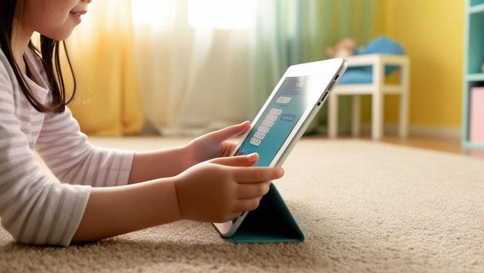 a girl is holding an ipad on the floor watching a quiz, we only see their hands, playful r