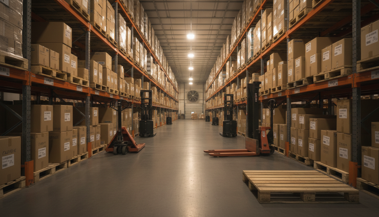 Wide-angle view of warehouse aisles with stacked pallets before a Monday shift