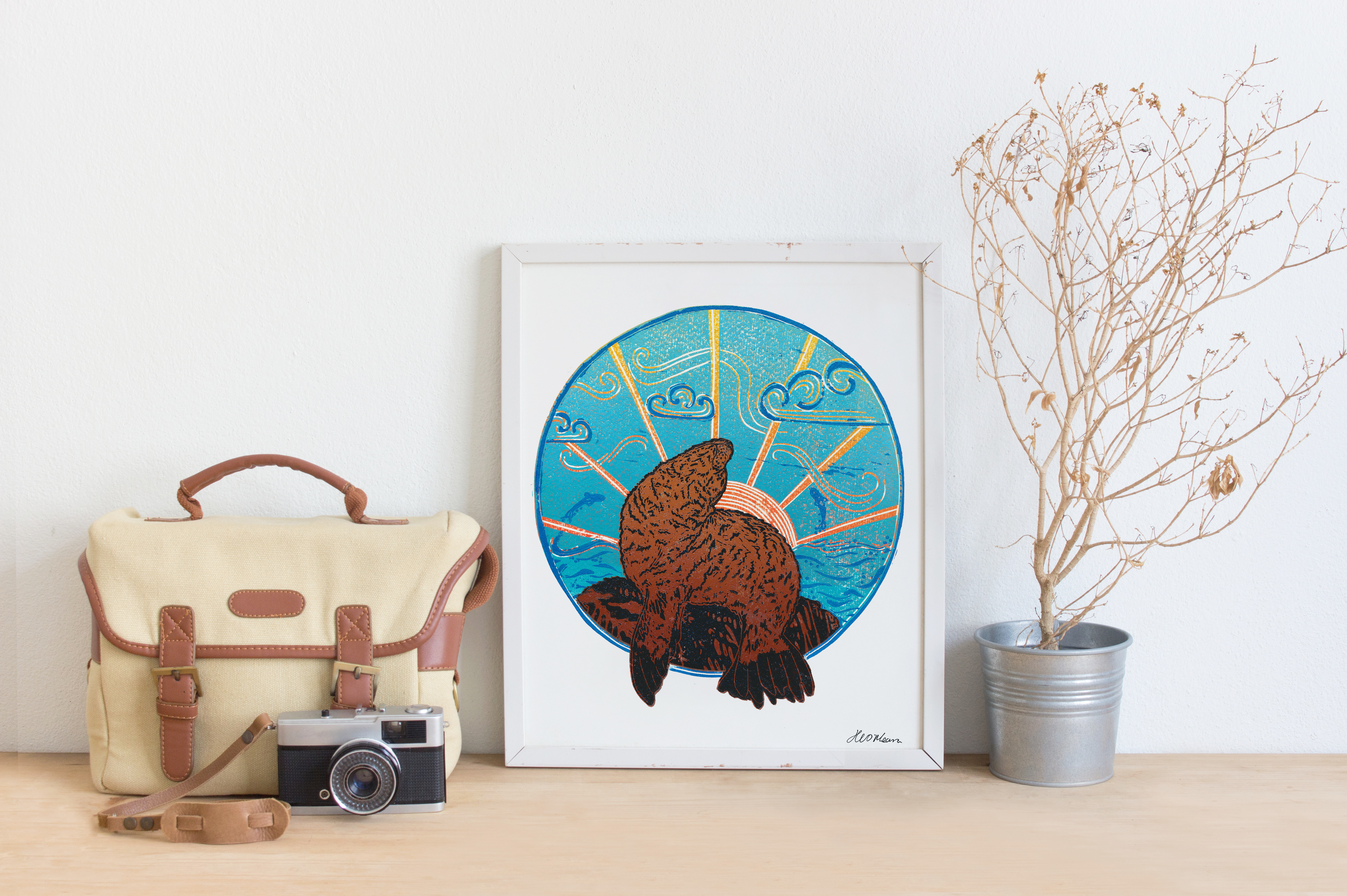 A4 Blue Sky Baby Fur Seal- Linocut giclée print. Signed & Unframed.