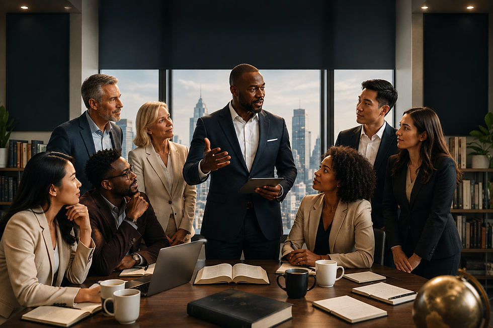 Marketplace prophet leading a diverse team of business professionals in strategic planning and Kingdom-focused leadership.