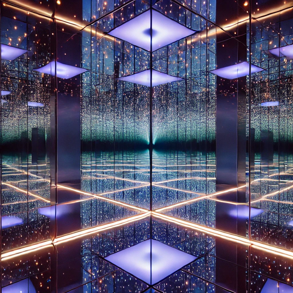 Infinity mirror lit up in small dance area