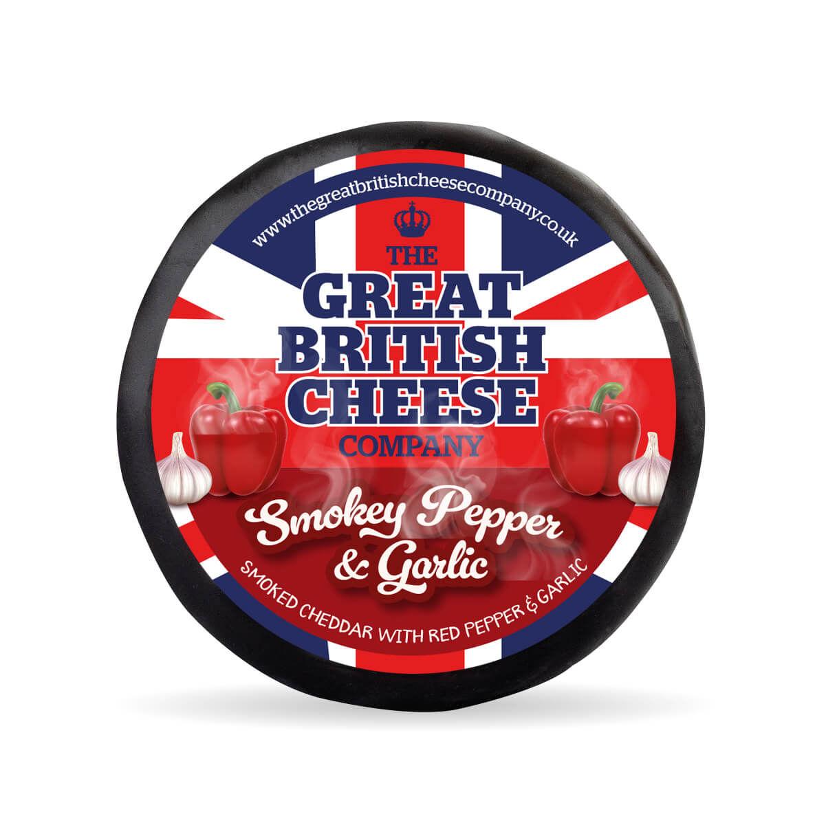 Smoked garlic and red pepper cheddar truckle for cheeseboards