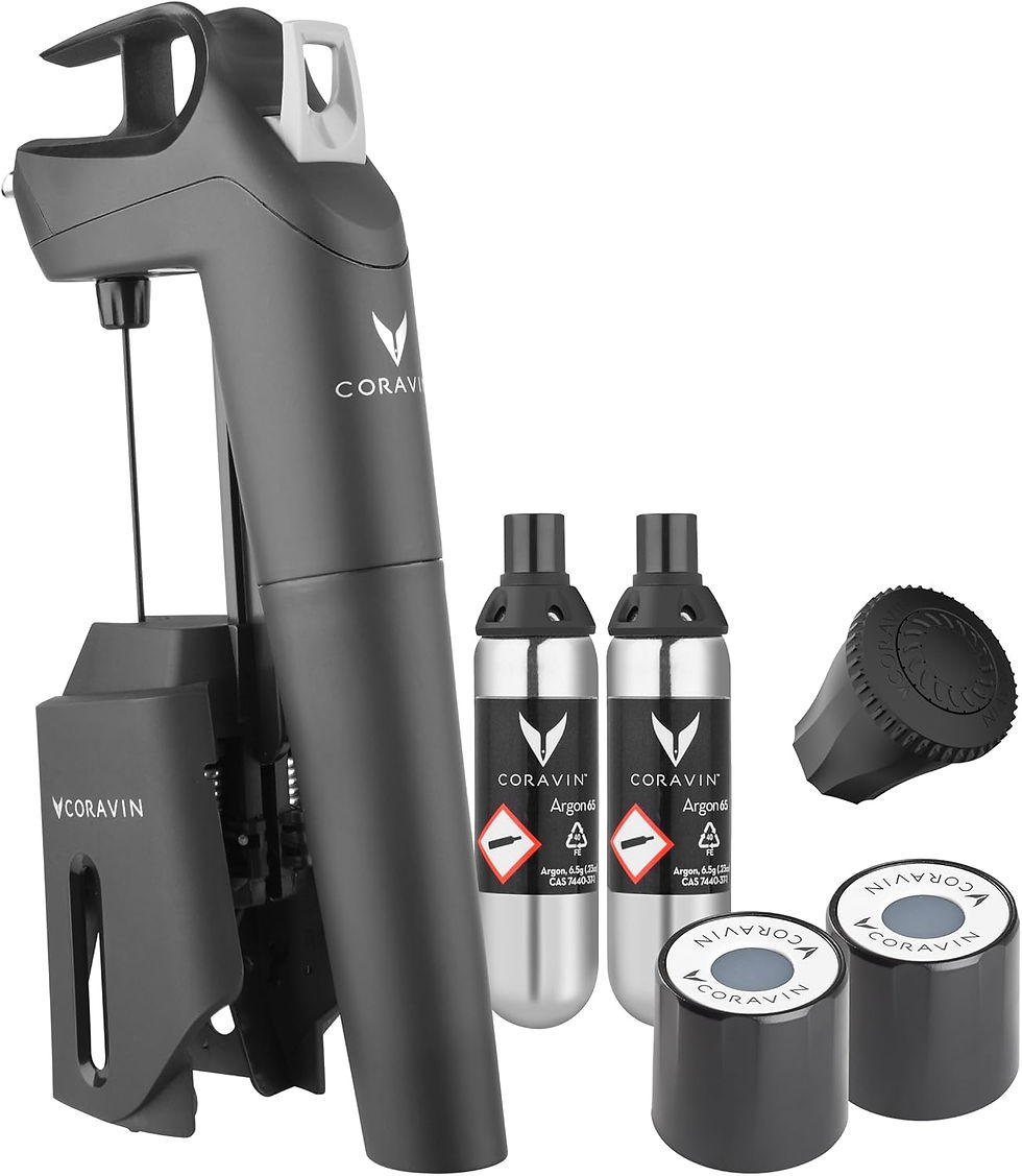 Coravin wine preservation system kit with black device, Argon gas capsules, and accessories on white background