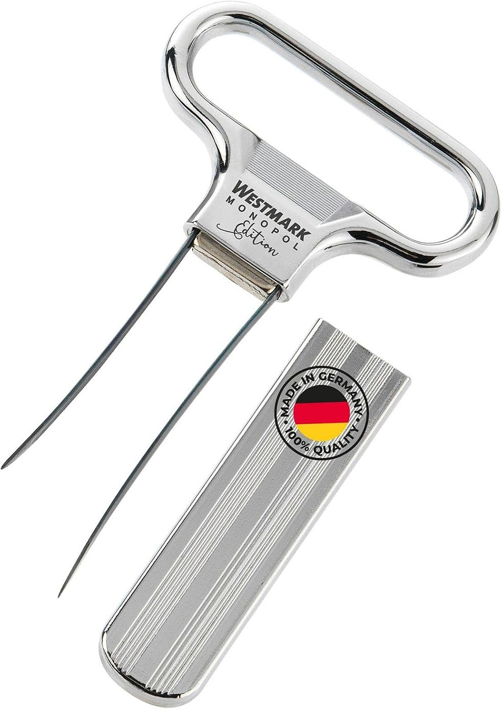 Stainless steel carving fork with two long prongs and handle, branded Westmark Monopol Edition, with Made in Germany badge