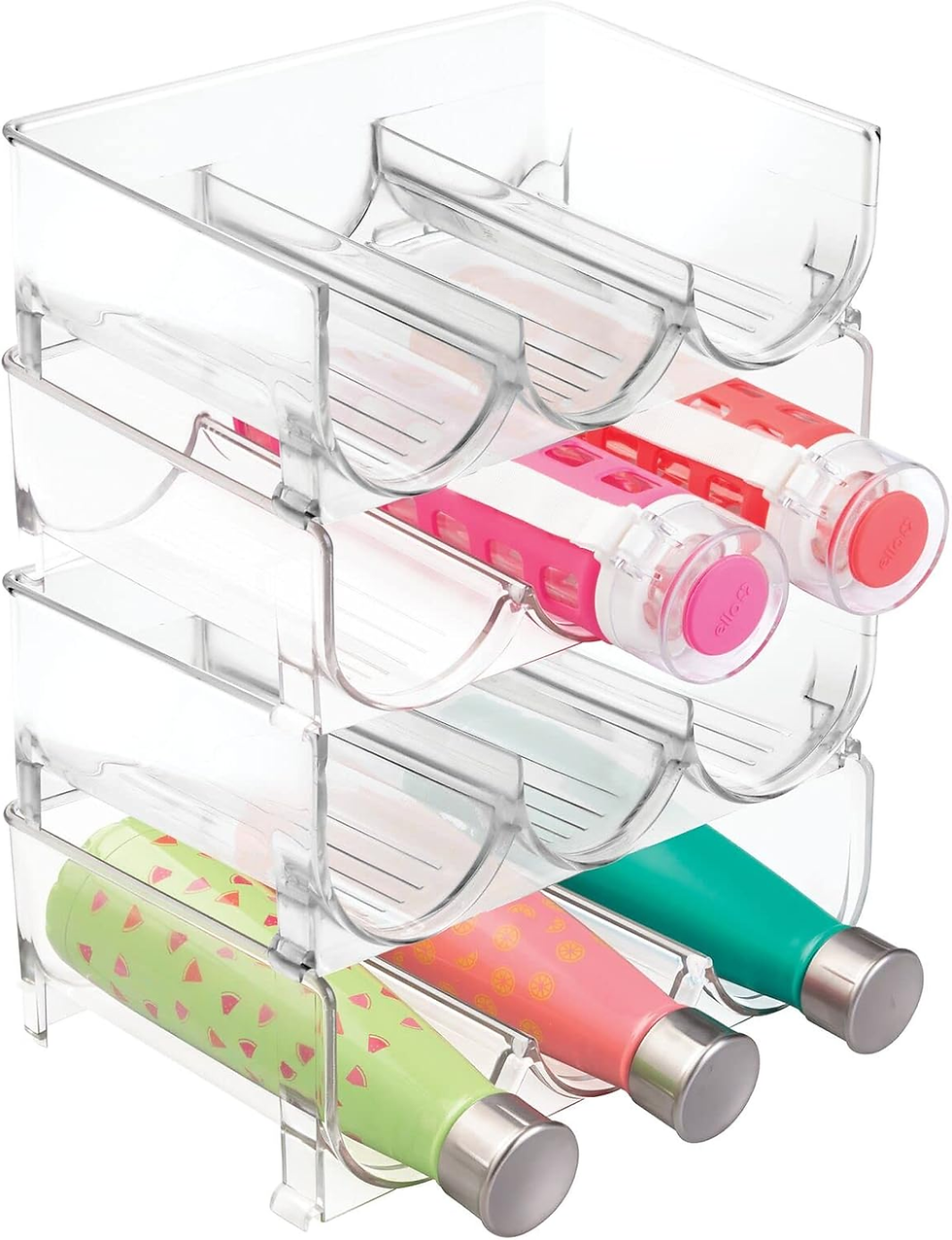 Clear acrylic stackable organizer holding colorful squeeze bottles and tubes on a white background.