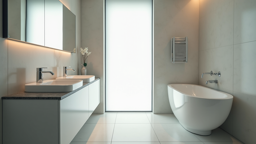 Eye-level view of a modern bathroom with new fixtures and bright lighting