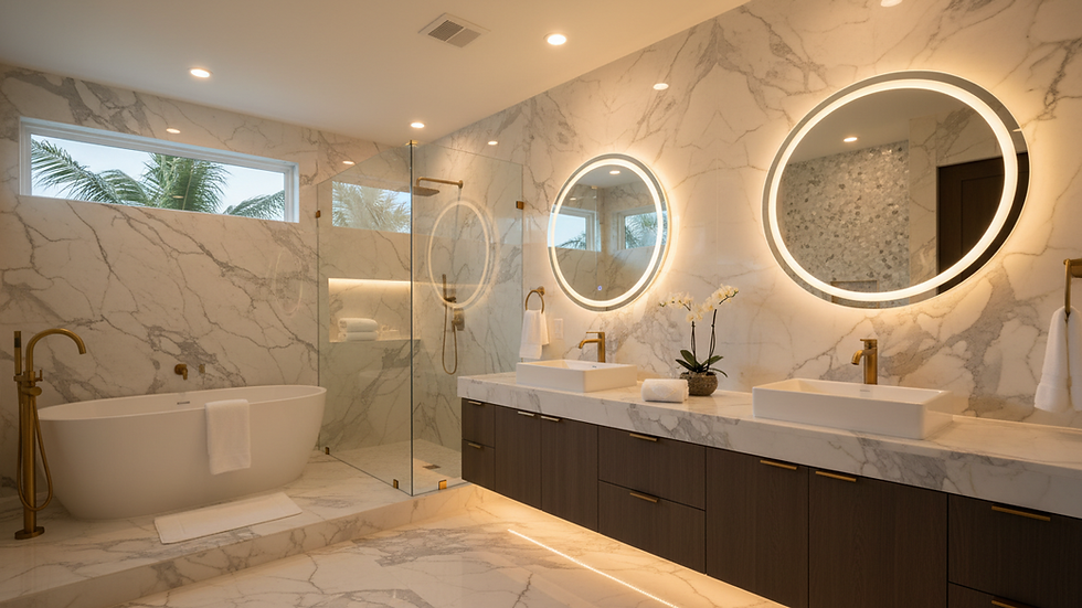 Eye-level view of a modern luxury bathroom with marble countertops and ambient lighting