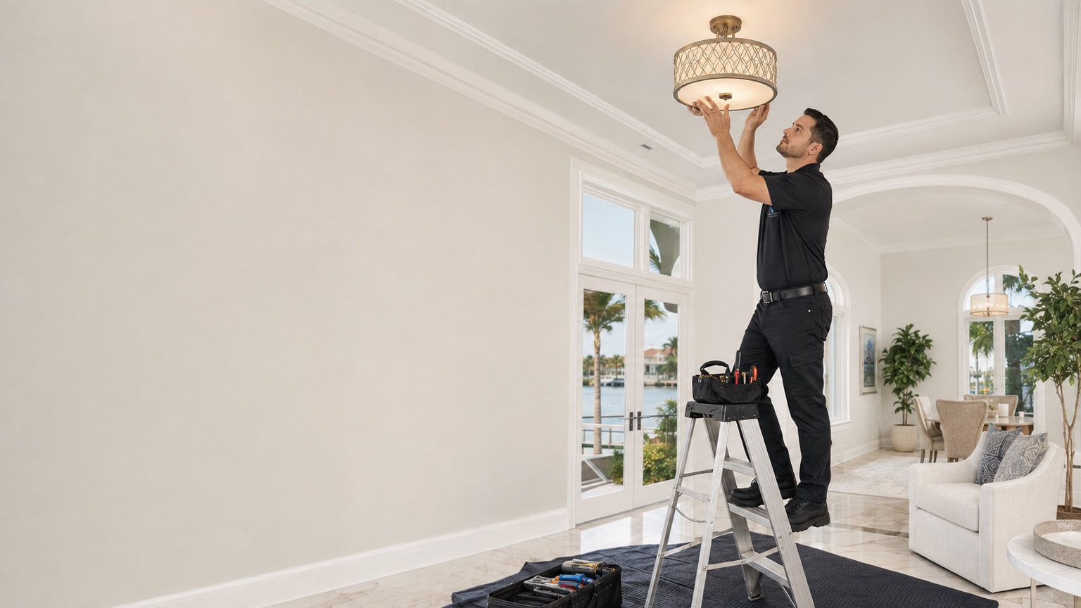 Finest Touch handyman installing a ceiling light fixture in Southwest Florida