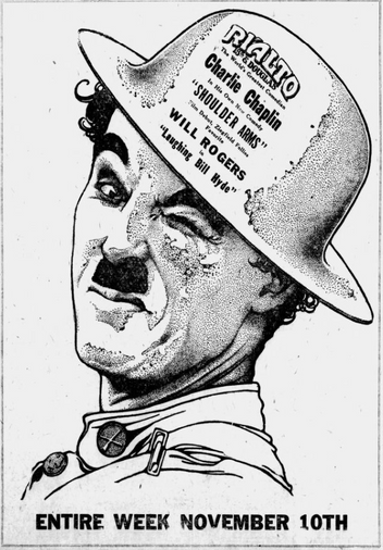 Advertisement for Charlie Chaplin movie Shoulder Arms, November 1918
