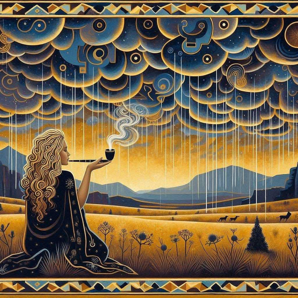 Stylized painting of a woman seen from behind with long curly blonde hair, seated outdoors at dusk, holding a ceremonial pipe raised toward a stormy sky, fine golden rain beginning to fall, stylized thunder spirits appearing in the clouds.