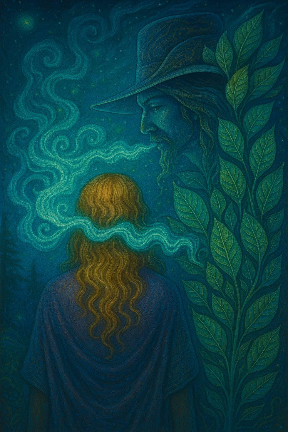 In the gentle light of a sacred forest, a blonde woman, seen from behind, listens in stillness. The spirit of tobacco, with long hair and a wide hat, leans toward her, breathing out living smoke woven with symbols and leaves, unfolding like an invisible language. Between them, a mystical bond takes shape, carrying wisdom, trust, and secrets from the unseen world.
