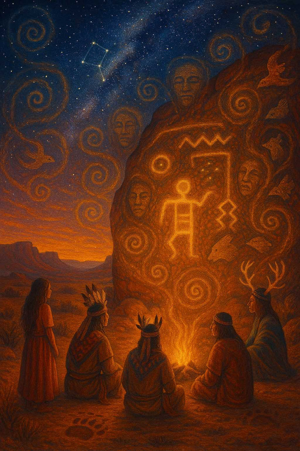 À la lueur d’un feu sacré, des Anciens Hopis se rassemblent dans le désert rouge, devant le Rocher de la Prophétie. Gravé de symboles lumineux et vibrants, le rocher semble s’animer, révélant des visages d’ancêtres, des totems et des spirales d’énergie. Dans le ciel, la constellation de Cassiopée veille, reliant le visible à l’invisible. Ce dessin d’art visionnaire évoque la sagesse transmise, le lien profond entre les peuples premiers et les étoiles, et l’appel à suivre la voie du cœur, en harmonie avec la Terre.