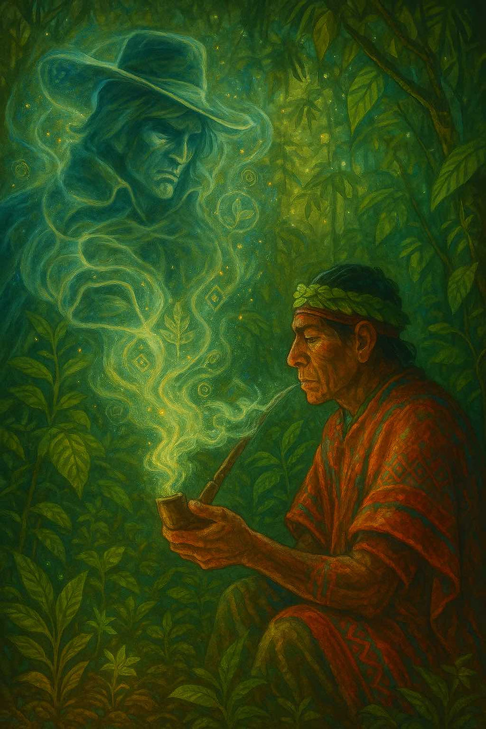 Dans l’écrin verdoyant de la jungle amazonienne, un tabaquero péruvien entre en communion avec l’esprit du tabac. Assis en silence, il souffle lentement la fumée d’un mapacho sacré, tissant des volutes dans l’air chargé de mystère. De cette fumée naît une présence éthérée, une figure masculine et puissante, à la fois sombre et protectrice — gardien invisible, esprit ancien aux yeux profonds, portant les marques du temps et de la mémoire. Le dessin capture l’instant suspendu où la frontière entre le monde visible et l’invisible s’efface, dans l’écoute subtile de la plante maîtresse.