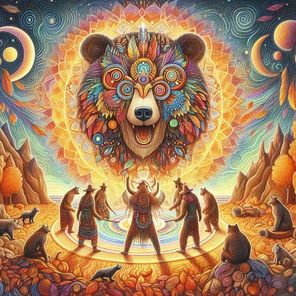 Dans ce dessin, l'esprit de l'Ours émerge pour guider le rituel de l'équinoxe d'automne. Un moment sacré où l’on se connectent à l'introspection, dans la lumière dorée d'une saison qui invite au recueillement.