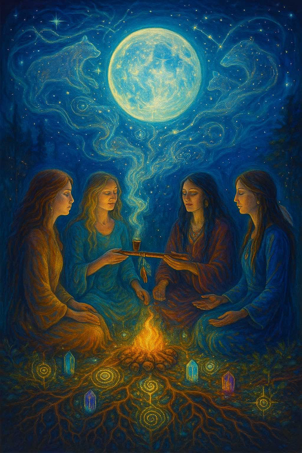 Sous la lumière vibrante d’une pleine lune, quatre femmes occidentales se tiennent en cercle autour d’un feu sacré. Vêtues de robes chamaniques aux teintes douces et profondes, elles se transmettent avec révérence la pipe sacrée de la lune. La fumée s’élève en volutes spiralées, révélant des formes d’animaux-esprits et des constellations dans le ciel étoilé. Autour du feu, cristaux lumineux et racines en spirale témoignent de la connexion entre Terre et Ciel, entre féminin sacré et sagesse ancestrale. Ce dessin visionnaire nous invite à honorer les traditions avec humilité et à célébrer le cercle comme espace de guérison.