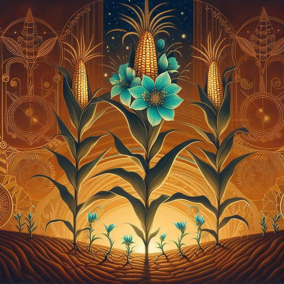 Plantes de maïs sacré aux reflets dorés et fleurs turquoise qui s'épanouissent dans l'obscurité hivernale éclairée par la lune. À leur pied, de minuscules pousses émergent de la terre. L'ensemble est inspiré de l'art Hopi, dans des tons ocre, terre de Sienne et turquoise.