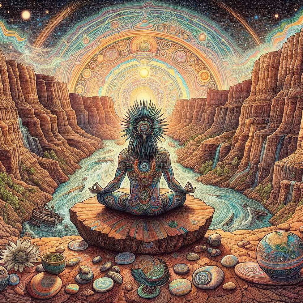 Un visionnaire Hopis méditent au bord du Grand Canyon pour se connecter avec l'esprit des pierres.