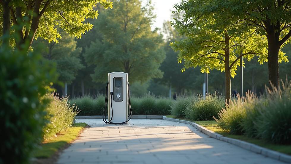 Eye-level view of an electric vehicle charging station surrounded by greenery