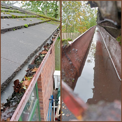 Before and after gutter cleaning showing leaves and debris removed