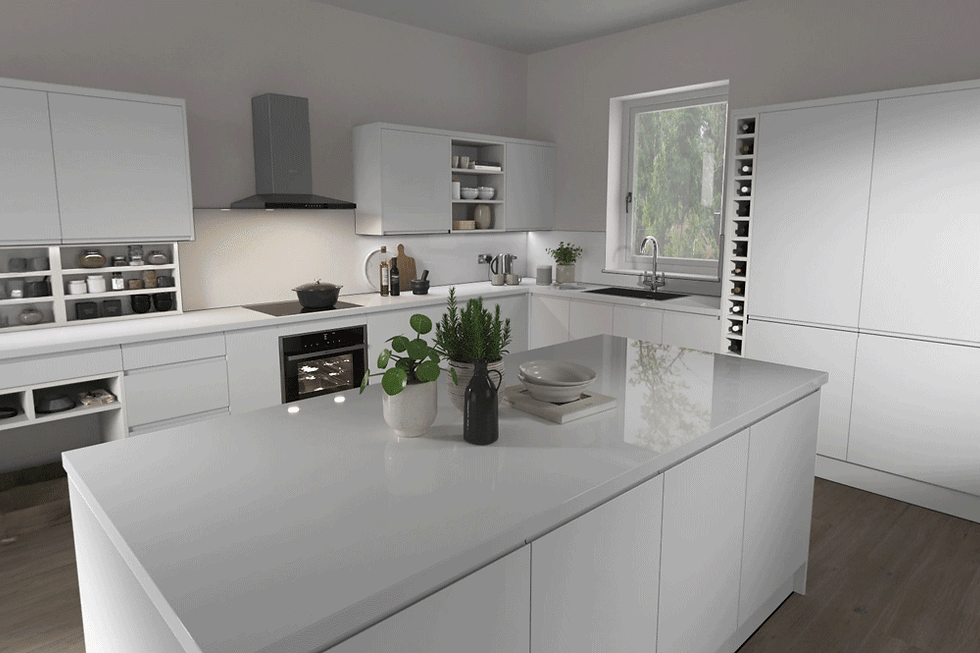 Four default white kitchen layouts from Onfigr kitchen visualiser