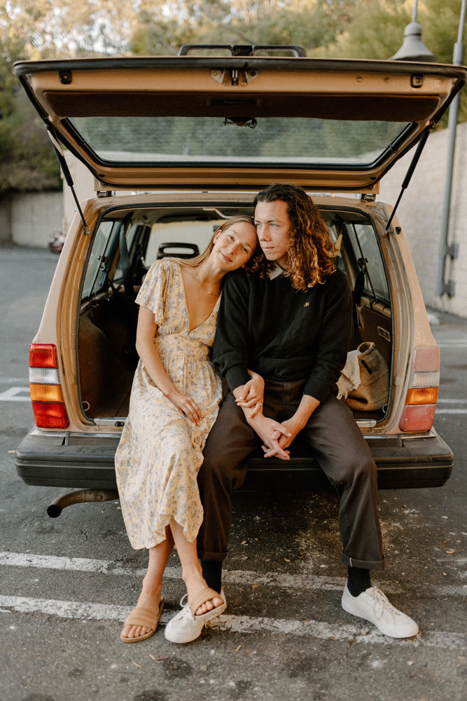 station wagon parking lot engagement photos
