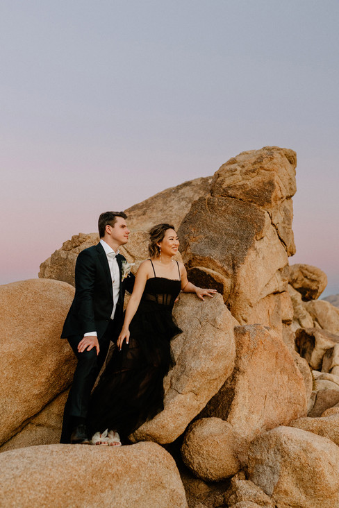 bride and groom standing on boulders in joshua tree elopement during blue hour