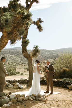 bride and groom exchanging vows under joshua trees at rimrock ranch