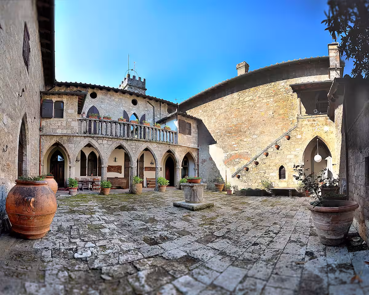 Courtyard at castle wedding venue in Tuscany, Italy