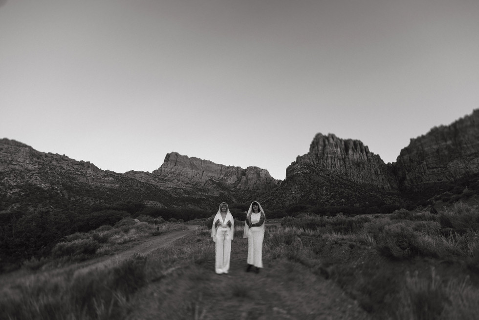 two brides standing in front of utah mountains during zion national park elopement