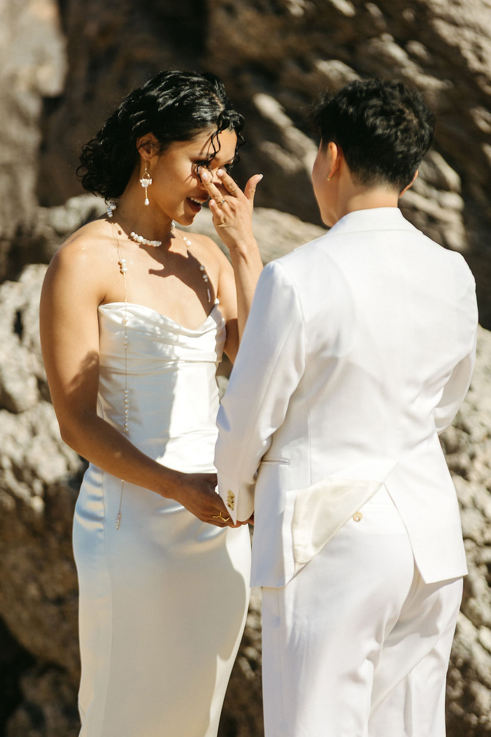 bride crying during vows at nxwhere california joshua tree wedding