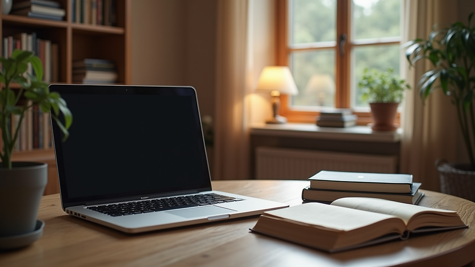 Eye-level view of a cozy study space with a laptop and books