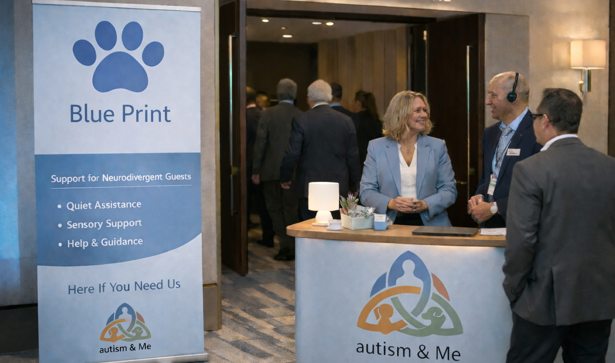 Autism & Me talking with guests at a Blue Print event