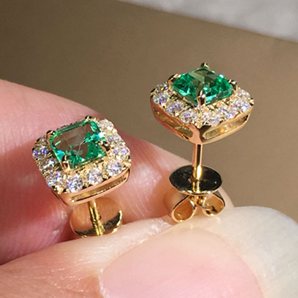 Huitan Eternity Green CZ Stud Earrings for Women Gold Color Luxury Bride Wedding