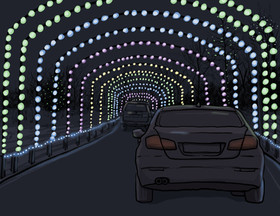 This is an image of a digital concept drawing of a tunnel made of various colored lights. There are cars passing under this tunnel at night.