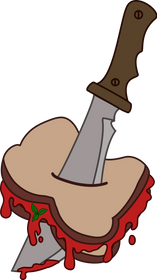 Logo where a machete is cutting through a tomato soup sandwich.