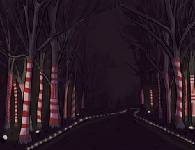This is an image of a digital concept drawing. There is a forest of trees at night. These trees have various red and white designs on them to mimic yarn coverings.