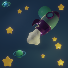 3D project with a rocket, 3 planets, and stars.