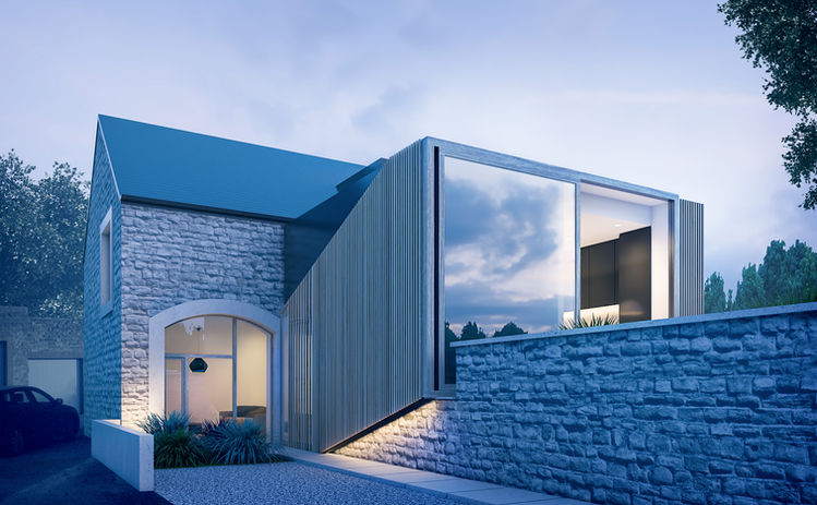 Rendu 3D transformation grange en maison contemporaine à Biesmes