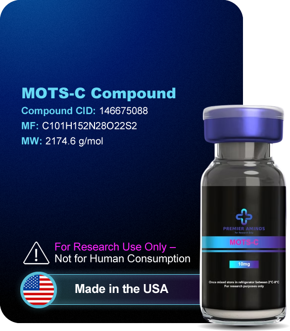 Glass vial of 10mg MOTS-c mitochondrial-derived peptide powder