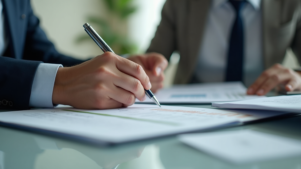Primer plano de un administrador revisando documentos financieros en oficina