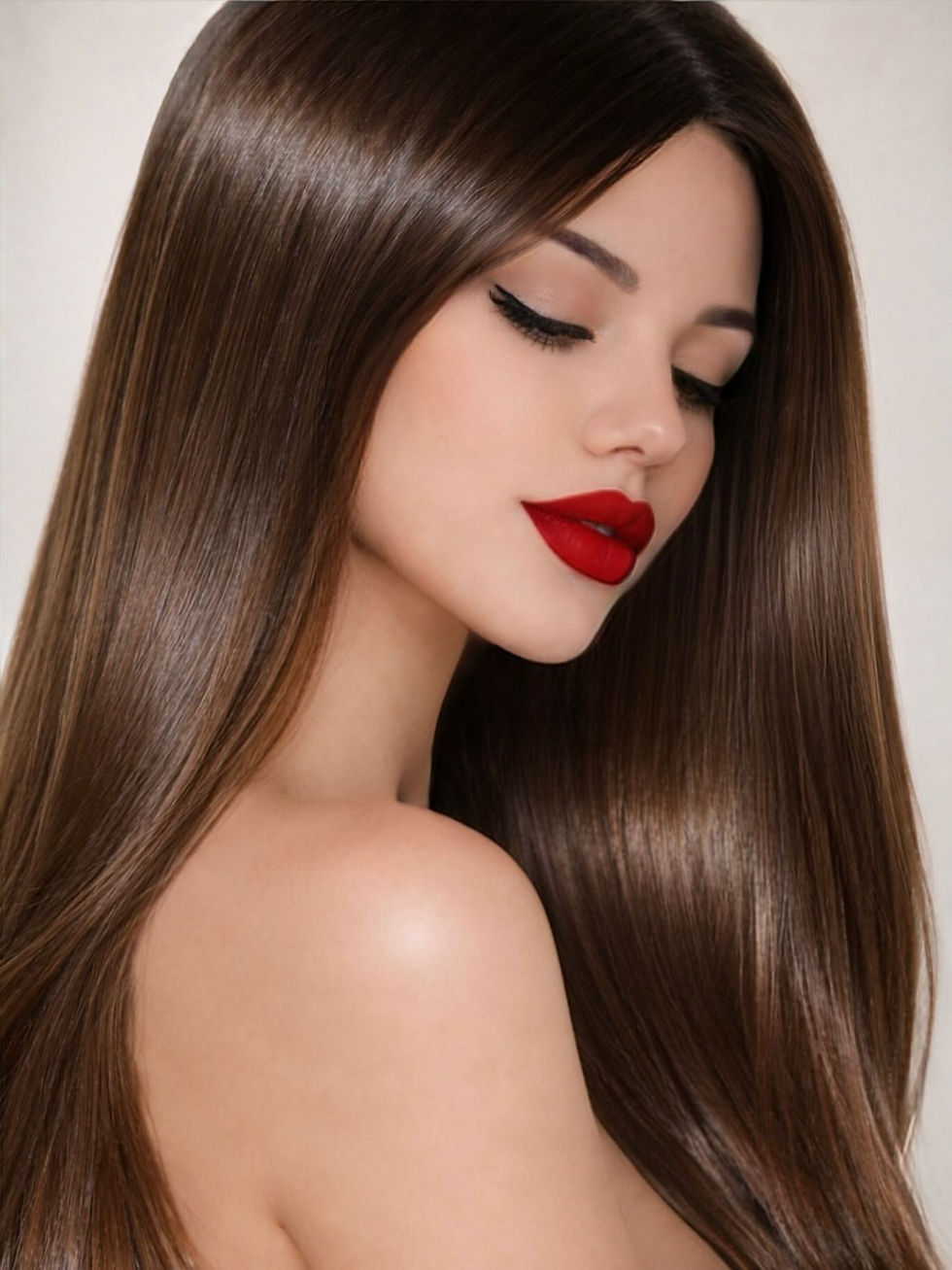 Mujer joven con cabello castaño liso y brillante, labios rojos.