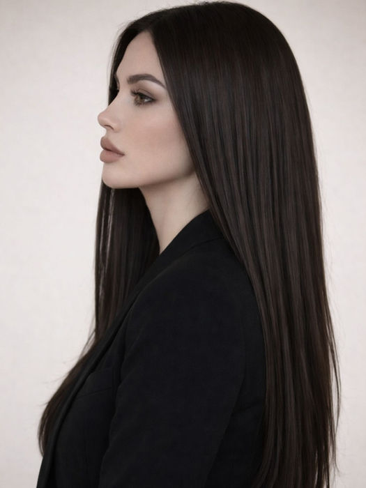 Mujer joven con cabello largo oscuro y liso, posando de perfil.