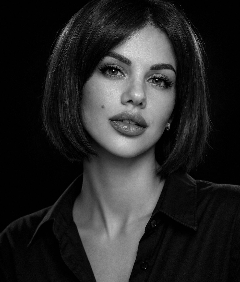 Retrato monocromático de mujer joven con cabello oscuro, mirando fijamente.