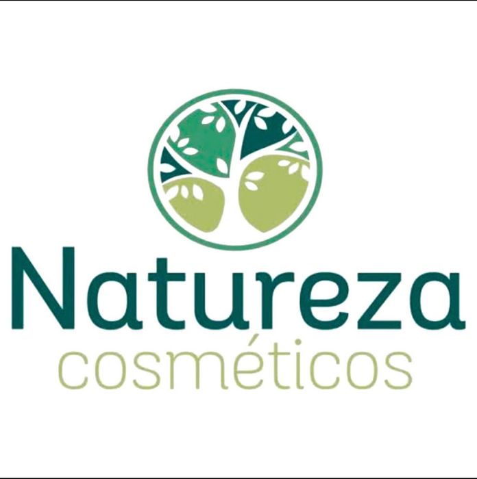 Logo de Natureza cosméticos, con icono de árbol verde.