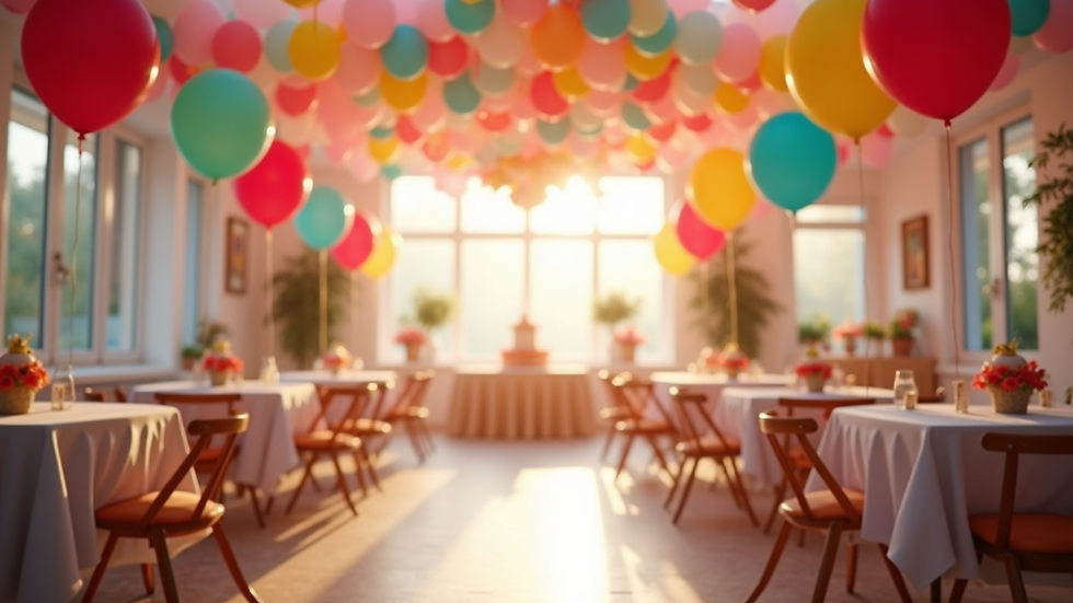 Eye-level view of a decorated party venue with colorful balloons and tables