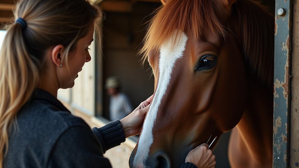 Close-up view of a person gently brushing a draft horse’s mane in a quiet barn