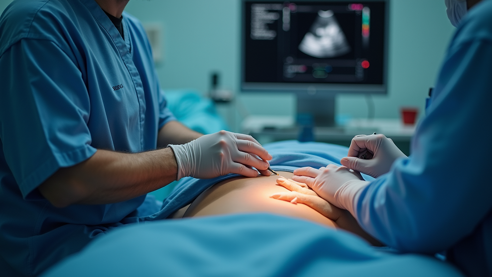 Close-up view of ultrasound technician performing abdominal scan