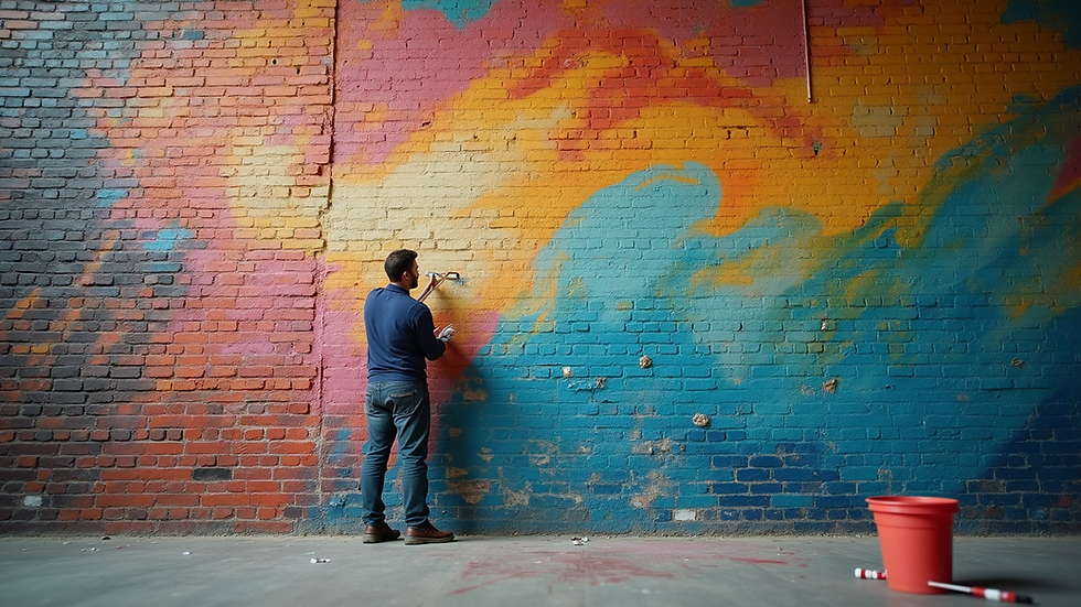 Eye-level view of a large mural being painted on a brick wall