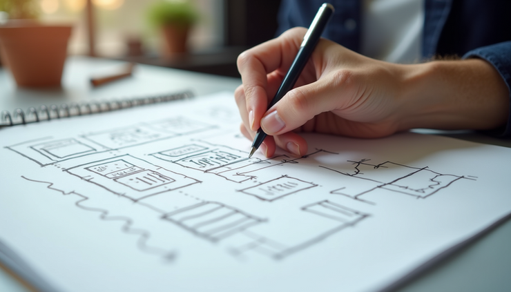 Close-up view of a designer sketching website layout on paper