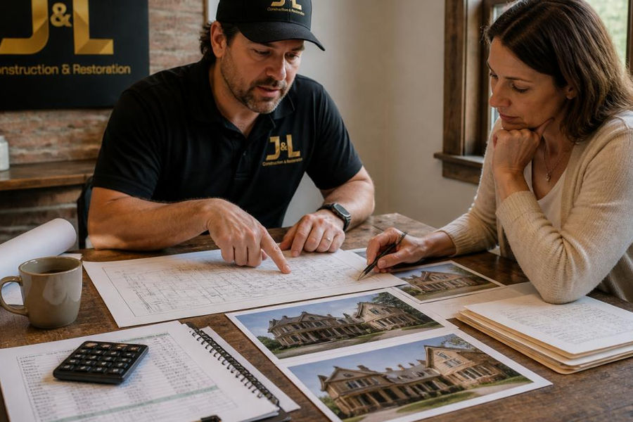 Homeowner and contractor reviewing renovation plans and budget spreadsheets at wooden table with historic property photos and cost estimates visible